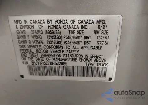 2008 Honda Ridgeline Rt z USA, uszkodzony, nr VIN 2HJYK16278H522686